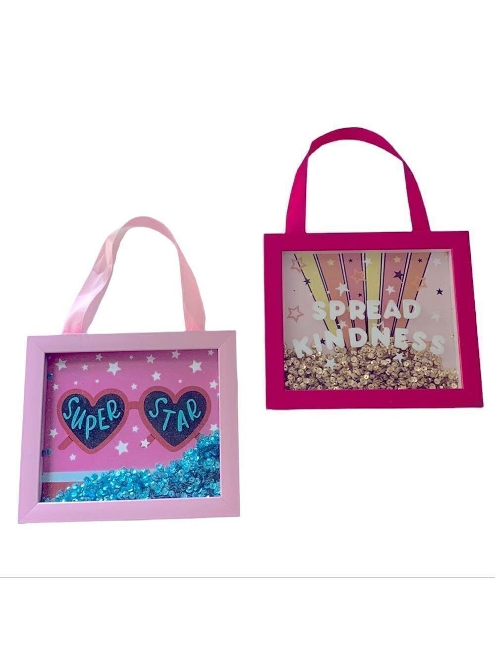 Pair of Pink Sparkle Wall Hanger Frames Super Star and Spread Happiness